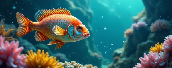 Fototapeta premium Colorful fish with shiny scales and golden coins swimming in ocean, background, underwater, money