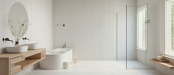 Modern minimalist bathrooms with clean lines, soft natural light, and sleek vanities in oak, marble, and metal finishes. Elegant, serene, Scandinavian-inspired luxury.