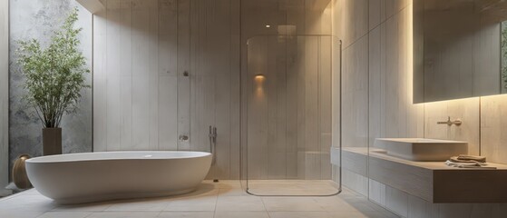 Modern minimalist bathrooms with clean lines, soft natural light, and sleek vanities in oak, marble, and metal finishes. Elegant, serene, Scandinavian-inspired luxury.