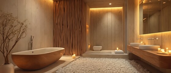 Modern minimalist bathrooms with clean lines, soft natural light, and sleek vanities in oak, marble, and metal finishes. Elegant, serene, Scandinavian-inspired luxury.