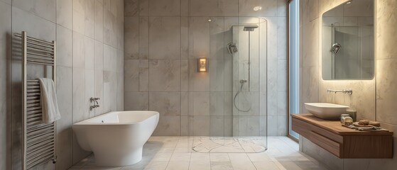 Modern minimalist bathrooms with clean lines, soft natural light, and sleek vanities in oak, marble, and metal finishes. Elegant, serene, Scandinavian-inspired luxury.