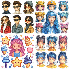 collection of diverse cartoon and anime style characters with various hairstyles, accessories, and expressions, alongside cute food illustrations like ice cream and stars