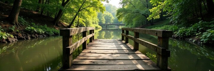 Obraz premium Weathered wooden bridge spanning a murky river, water, industrial