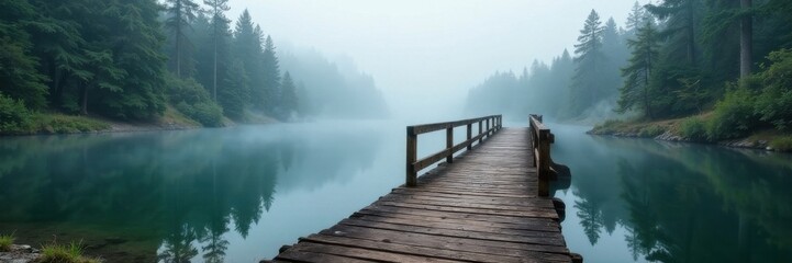 Obraz premium Weathered wooden bridge spans a serene mist-shrouded lake amidst fir forest, forest, landscape