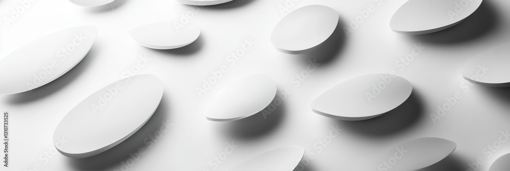 Poster Floating 3D shapes create a serene environment with soft shadows and elegant reflections on a white background in a futuristic design