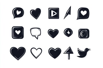 Set of icons including speech bubble, heart shape, paper airplane symbols on black background