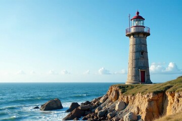 Obraz premium weathered wooden lighthouse standing alone on rocky coast, lighthouse, beach, rock