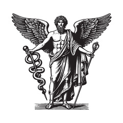 Obraz premium Classical Hermes illustration showing winged sandals and caduceu