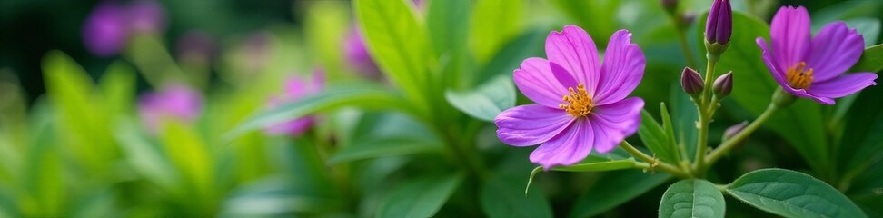 Fototapeta premium Close-up shot of vibrant purple flowers blooming amidst lush green leaves in garden, flora, plant, vivid