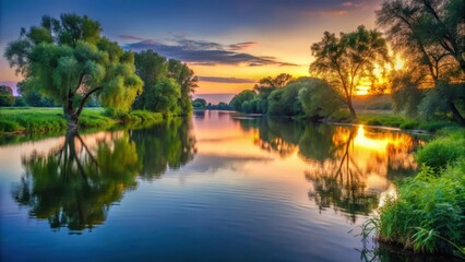 Obraz premium Softly glowing light reflects off water's surface at dusk on a serene river, with lush greenery and willows along banks