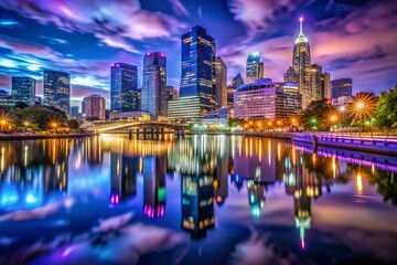 Fototapeta premium Night Cityscape Dipper Shot - Stunning Urban Lights at Dusk