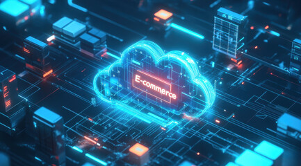 Cloud E-commerce: a neon cloud with "e-commerce" written on it, symbolizing digital business