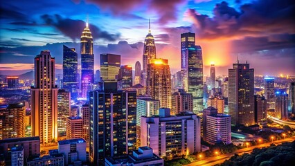 Obraz premium Night Cityscape: Illuminated Buildings and Dark Streets - Stock Photo