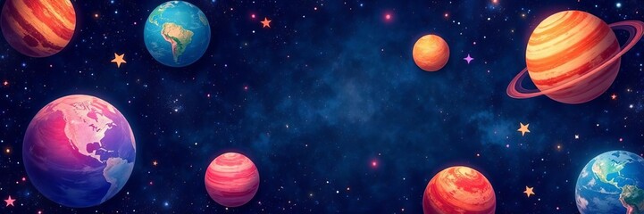 Fototapeta premium Colorful seamless pattern with planets, stars, and galaxies on dark background, objects, planets