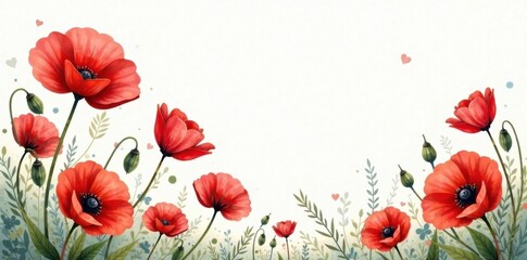 Whimsical illustration of red poppies in a watercolor style, whimsy, poppy, watercolor