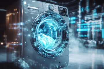 Obraz premium Smart Washing Machine: A high-tech washing machine, with digital display and interface, demonstrating advanced features and efficient performance in a futuristic setting.