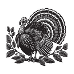 Detailed woodcut illustration of a turkey perched on leafy branc