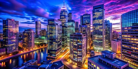 Fototapeta premium Night Cityscape Lights, Urban Glow, Dark City, Night Photography, Building Reflections