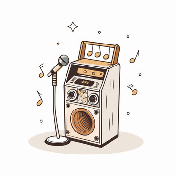 Vintage microphone with speaker and music notes, karaoke machine, karaoke concept