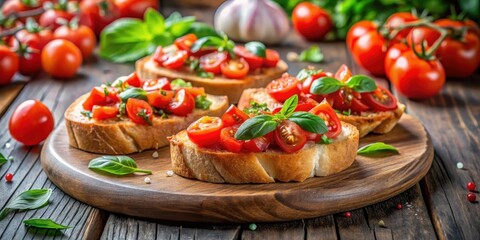 Fresh bruschetta with ripe tomatoes on a wooden table, fresh tomatoes, italian dish, fresh tomatoes, italian dish