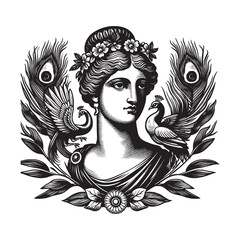 Elegant depiction of a Grecian deity, embodying grace with flora