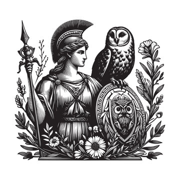 Elegant depiction of Greek goddess Athena with owl and shield in
