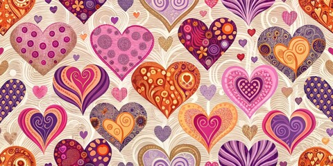 A whimsical collection of ornate hearts, featuring swirling patterns and vibrant hues, arranged in a captivating and seamless design.