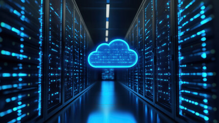 Cloud Computing Data Center: A futuristic data center, bathed in cool blue light, symbolizes the power of cloud computing. rows of servers, the illuminated cloud icon conveys a sense of technology.
