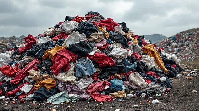 Fast fashion waste: piles of discarded clothing in landfill exposing environmental impact