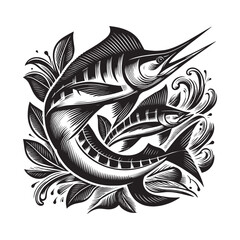 Obraz premium Elegant marlin duo in woodcut style, evoking vintage nautical de