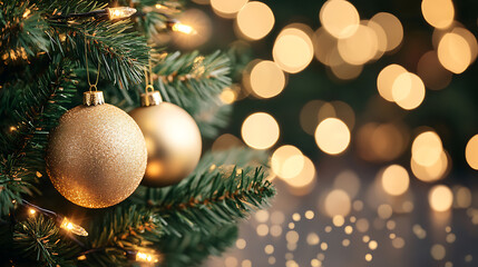 Obraz premium Celebrating christmas spirit with golden ornaments on tree cozy living room holiday decor festive atmosphere close-up joyful concept