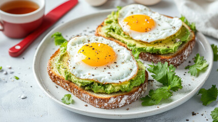 Avocado Toast Delight: Close-up view of delectable avocado toast topped with sunny-side-up eggs, beautifully arranged on a plate, accompanied by a cup of tea.