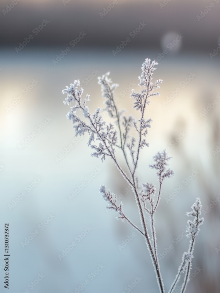 Poster Subtle reflections on frozen ice crystals create an abstract frost effect in soft winter landscapes during early morning light