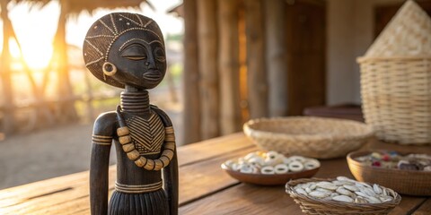 Unique wooden sculpture depicting cultural heritage with artisanal crafts displayed in sunlight
