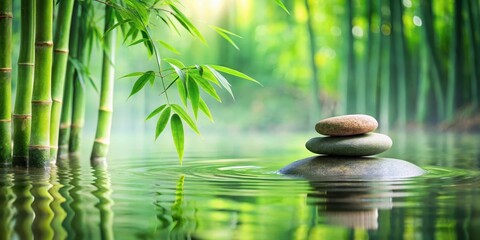 Serene stone placement in calm water surrounded by lush greenery and swaying bamboo, reflecting peaceful ambiance for spa relaxation