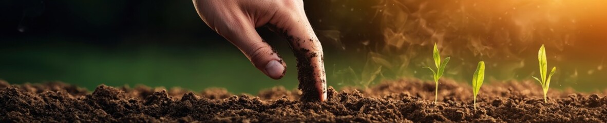 A weathered hand planting a seed in soil, symbolizing agriculture and growth