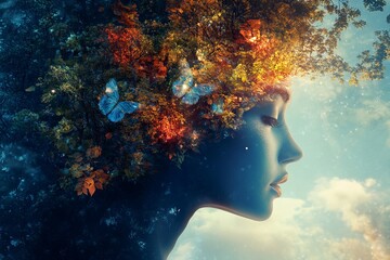 Woman Profile with Dreamy Forest Hair and Butterflies Surrounding
