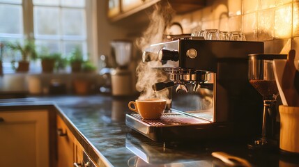 Espresso machine brewing coffee in cozy kitchen