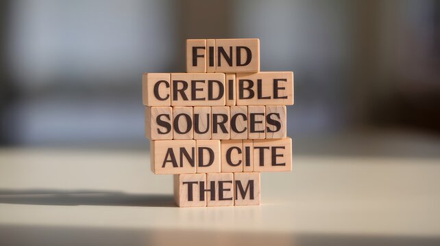 Wooden blocks with words 'Find credible sources and cite them'.

