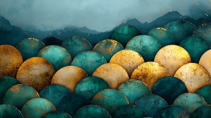 Abstract teal & gold scales, mountain backdrop, decorative wallpaper