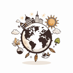 Naklejka premium Illustration of Earth with buildings, sun, and nature elements, caring for the environment, ecological cleanliness, harmony with nature