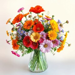 A colorful mix of wildflowers in a vase on a plain surface, wildflowers, poppy