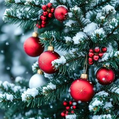 A fir tree with red and white ornaments in the snowy winter, frosty background, fir tree red white ornaments snowy winter, snowflakes