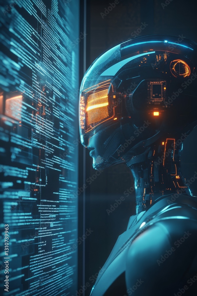 Poster futuristic digital robot with interactive display technology
