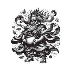 Monochrome depiction of Fujin, the Japanese wind deity, wielding