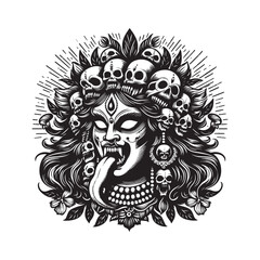Monochrome depiction of Goddess Kali with skulls, floral accents