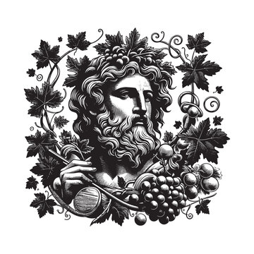 Monochrome depiction of Dionysus with grapes and ivy, woodcut st