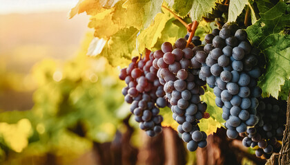 Fototapeta premium Ripe grapes on vine,valley vineyard, with its meticulously aligned grapevines, in blurred background of vineyard at sunset, autumn harvest concept
