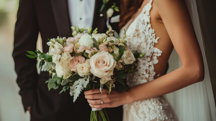 Eternal Vows: A romantic close-up captures a tender moment of love as a bride and groom stand side-by-side, the bride delicately holding a bouquet of beautiful flowers.