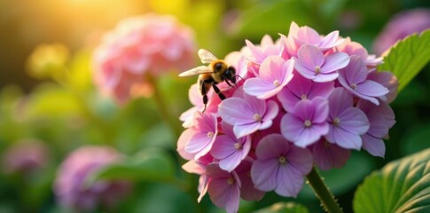 Bumblebee hovering around a large hydrangea flower in the sunlight, sunshine, bugs